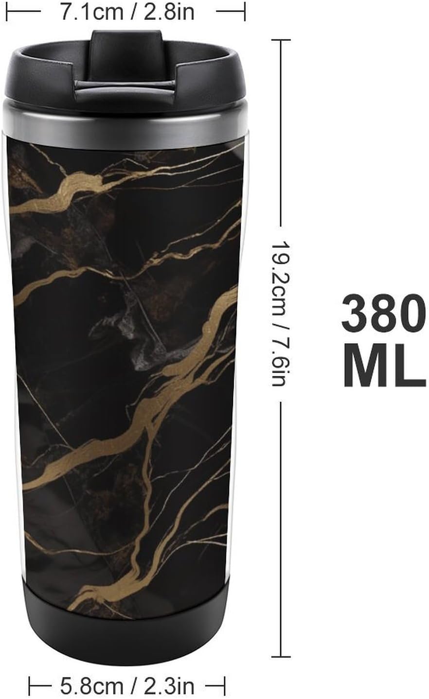 13oz Insulated Travel Coffee Mug Reusable Coffee Cup Water Bottle | Black Gold Marble Travel Mug with Leak Proof Lid Double Wall Stainless Steel Coffee Tumbler Personalized Gift