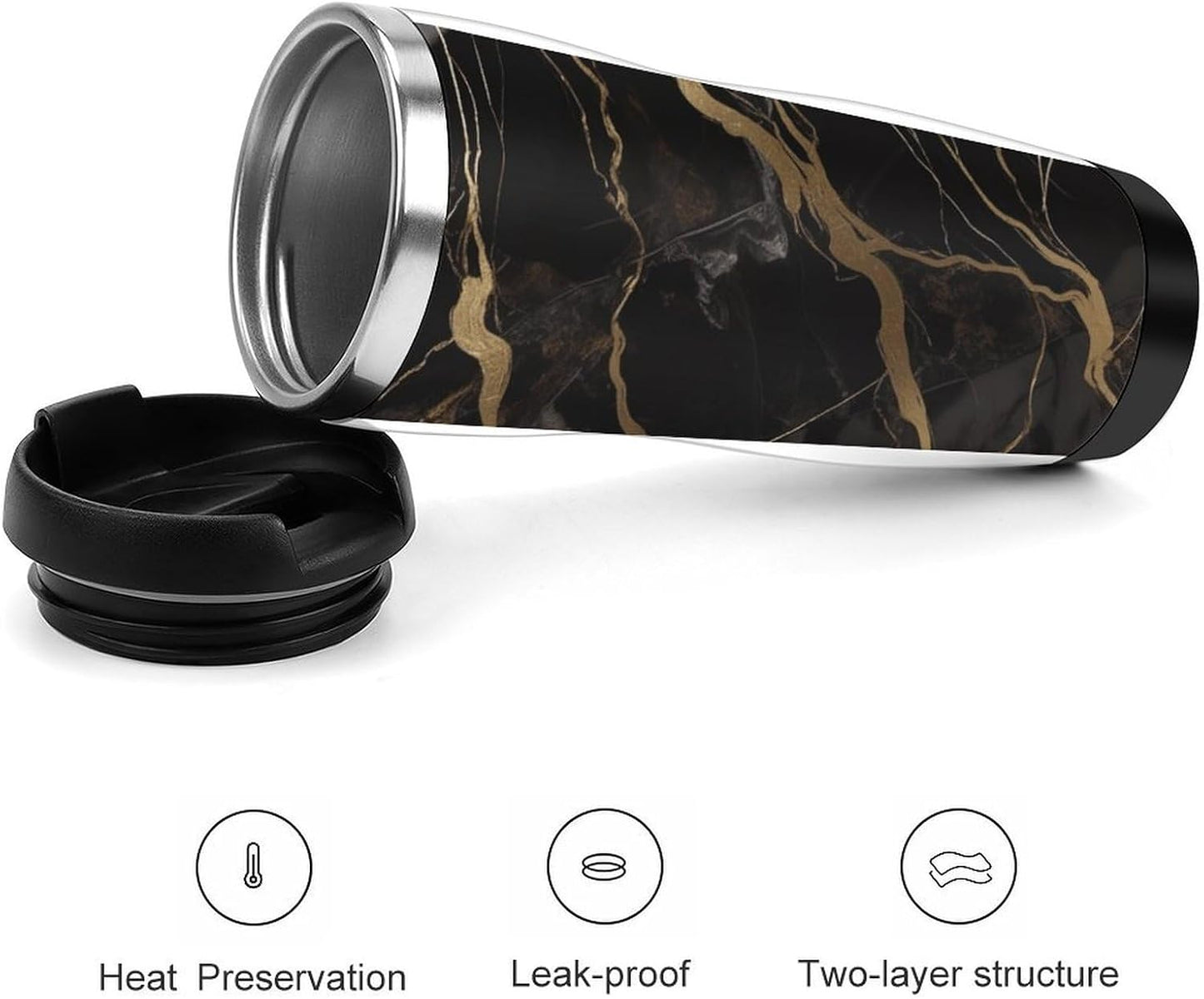 13oz Insulated Travel Coffee Mug Reusable Coffee Cup Water Bottle | Black Gold Marble Travel Mug with Leak Proof Lid Double Wall Stainless Steel Coffee Tumbler Personalized Gift