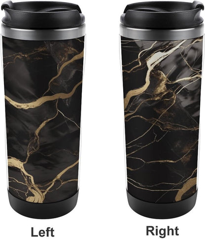 13oz Insulated Travel Coffee Mug Reusable Coffee Cup Water Bottle | Black Gold Marble Travel Mug with Leak Proof Lid Double Wall Stainless Steel Coffee Tumbler Personalized Gift