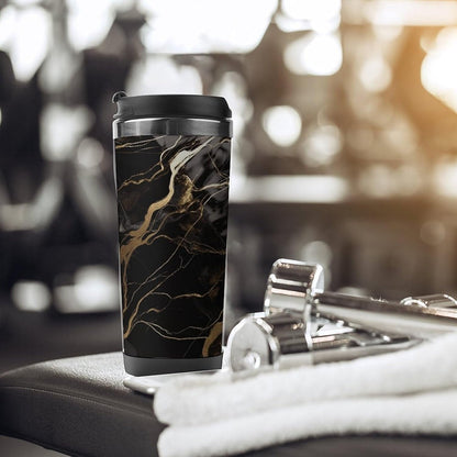 13oz Insulated Travel Coffee Mug Reusable Coffee Cup Water Bottle | Black Gold Marble Travel Mug with Leak Proof Lid Double Wall Stainless Steel Coffee Tumbler Personalized Gift