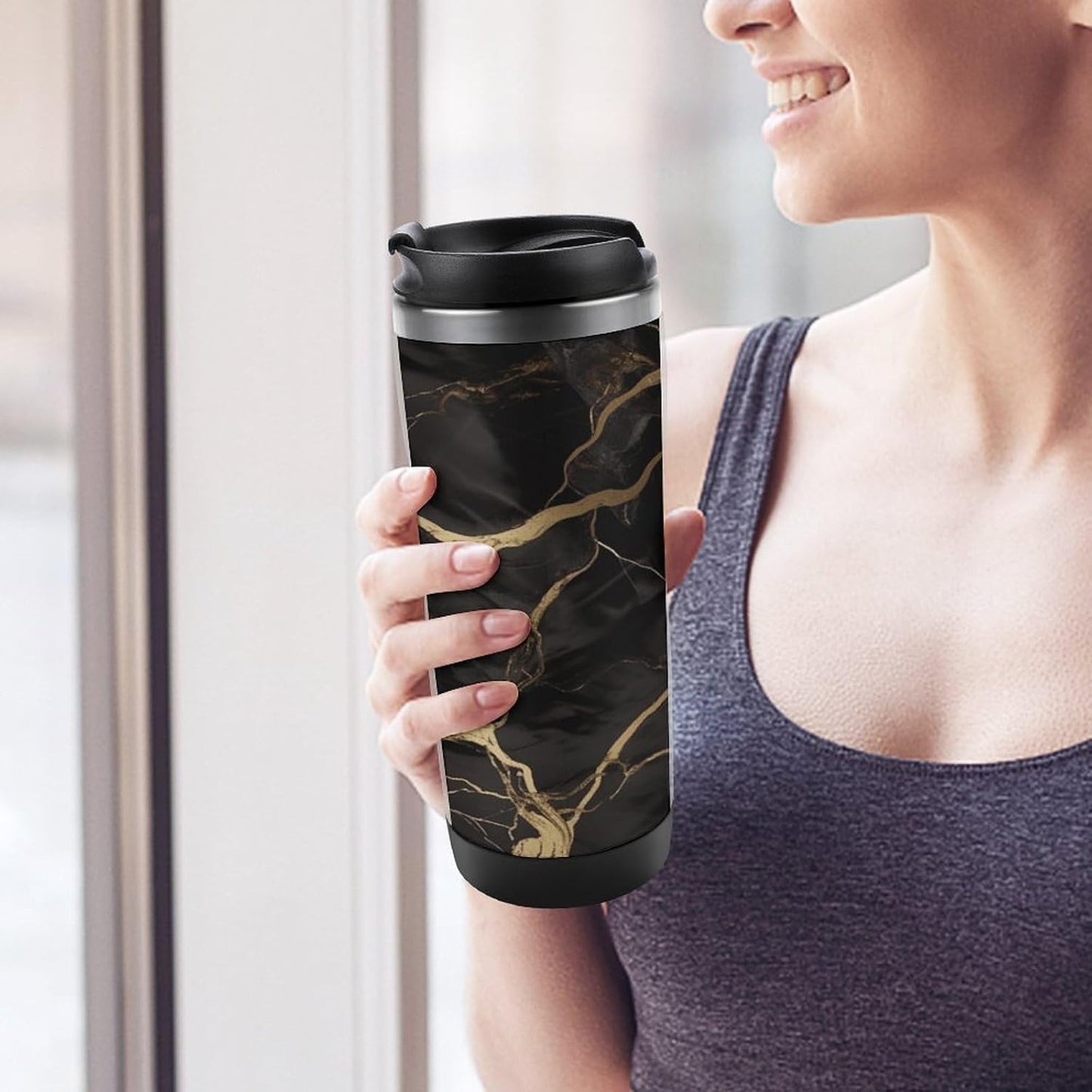 13oz Insulated Travel Coffee Mug Reusable Coffee Cup Water Bottle | Black Gold Marble Travel Mug with Leak Proof Lid Double Wall Stainless Steel Coffee Tumbler Personalized Gift