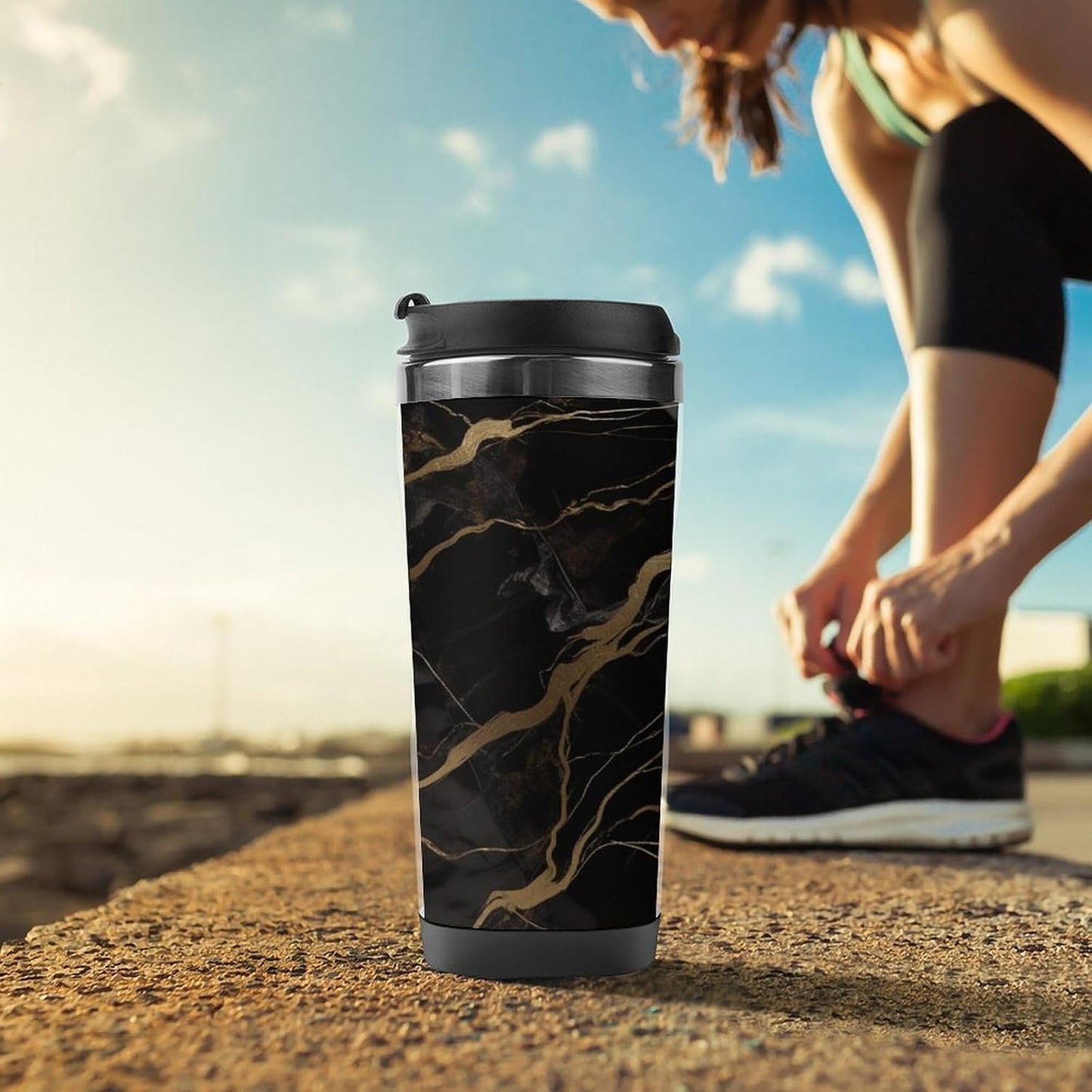 13oz Insulated Travel Coffee Mug Reusable Coffee Cup Water Bottle | Black Gold Marble Travel Mug with Leak Proof Lid Double Wall Stainless Steel Coffee Tumbler Personalized Gift