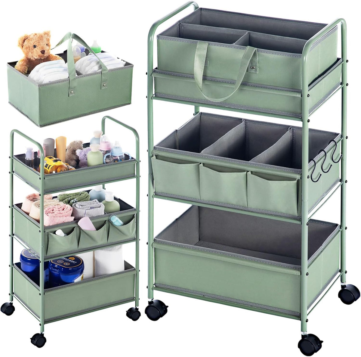 2in1 Baby Diaper Caddy Organizer Cart Bedside Rolling Cart, Green