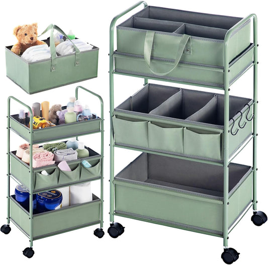 2in1 Baby Diaper Caddy Organizer Cart Bedside Rolling Cart, Green