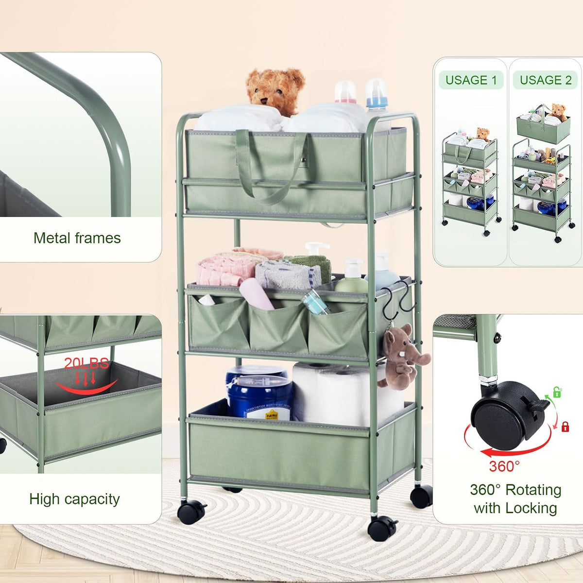 2in1 Baby Diaper Caddy Organizer Cart Bedside Rolling Cart, Green