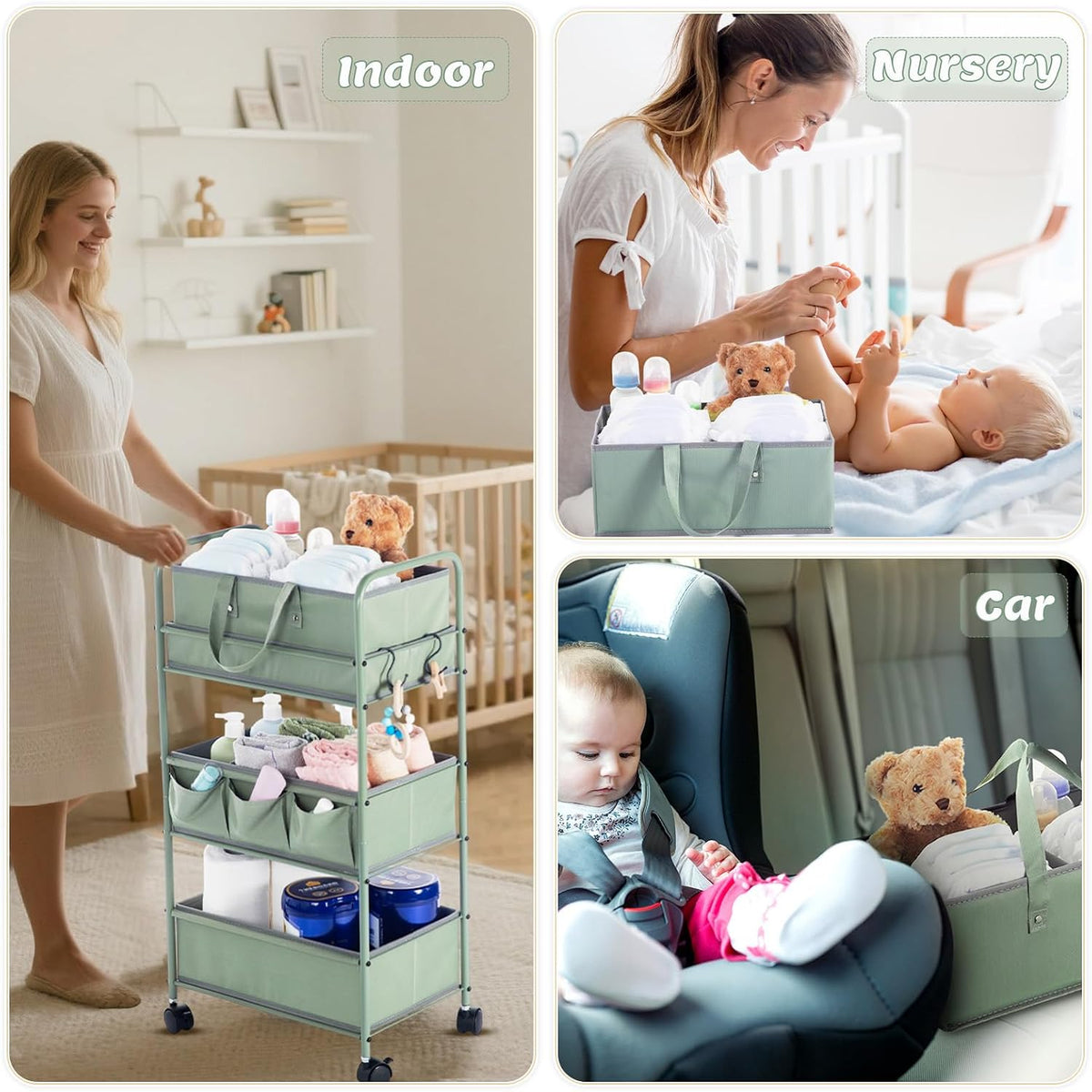 2in1 Baby Diaper Caddy Organizer Cart Bedside Rolling Cart, Green