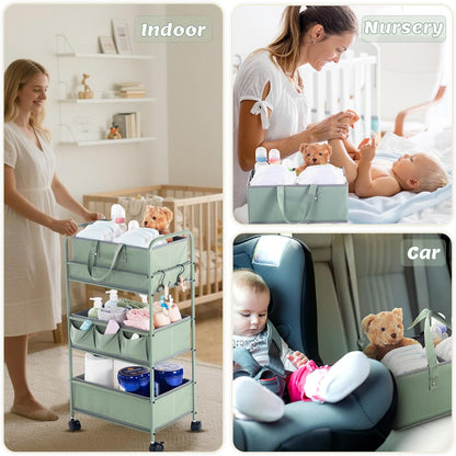 2in1 Baby Diaper Caddy Organizer Cart Bedside Rolling Cart, Green