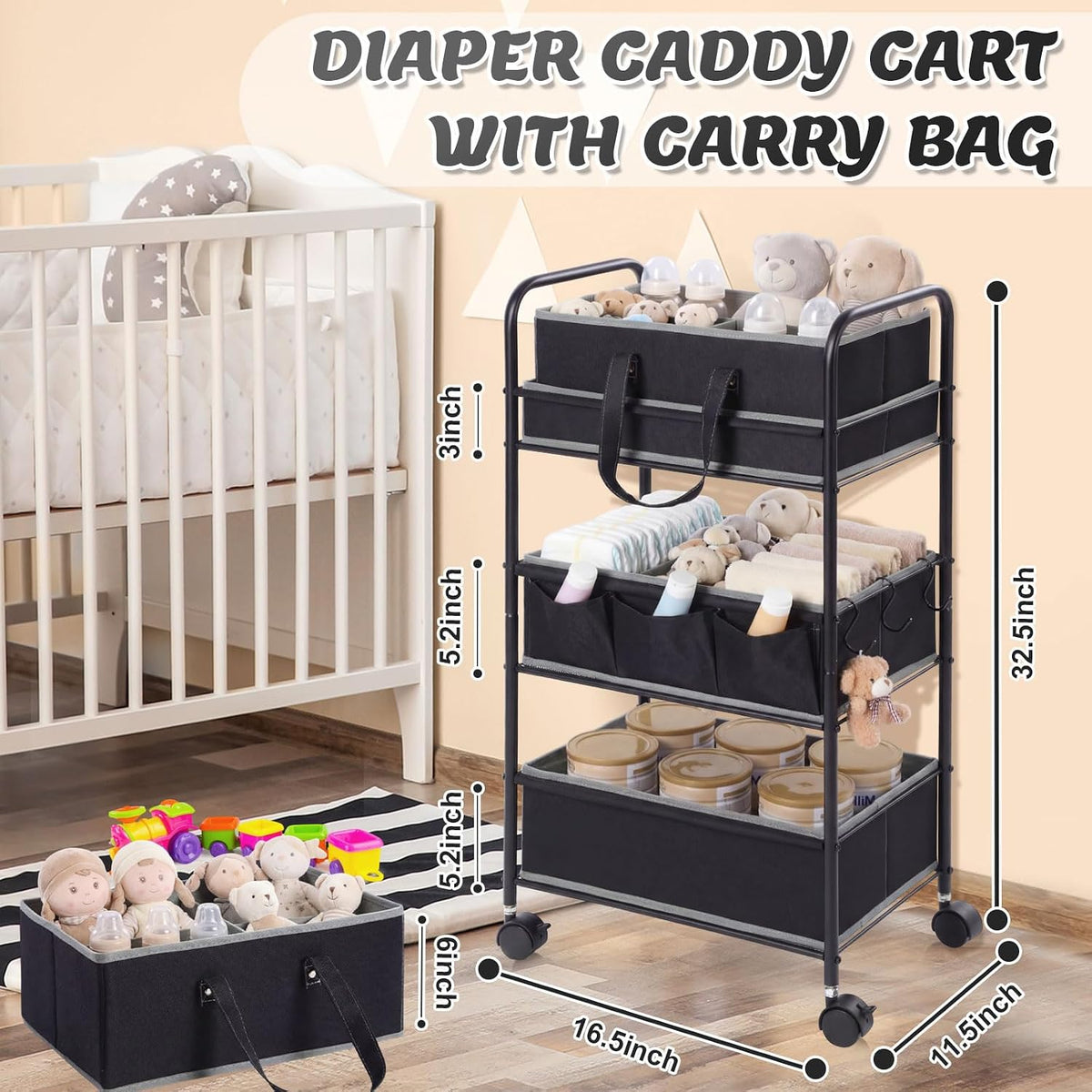 2in1 Baby Diaper Caddy Organizer Cart Bedside Rolling Cart, Green