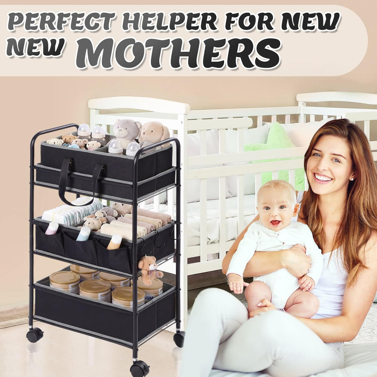 2in1 Baby Diaper Caddy Organizer Cart Bedside Rolling Cart, Green