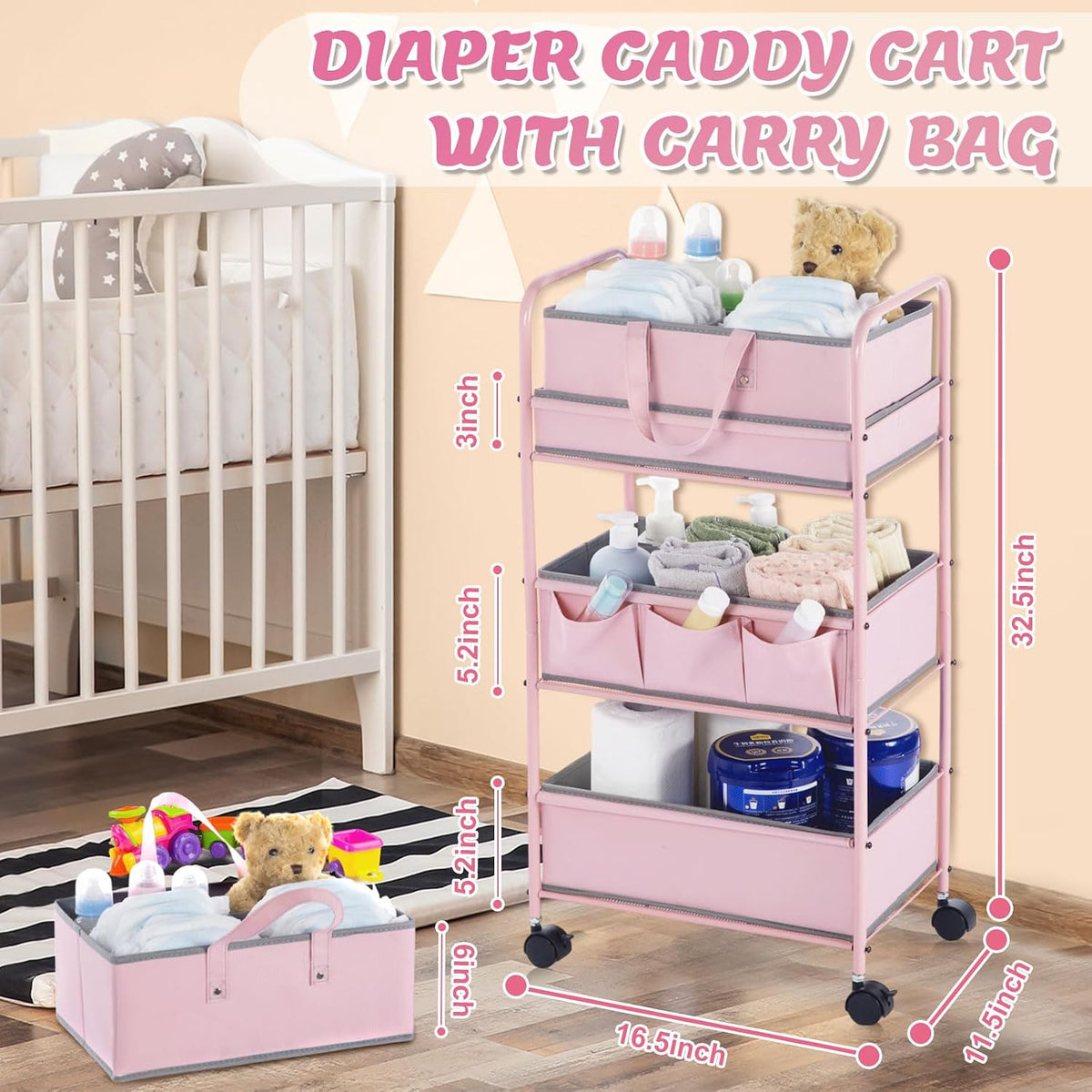 2in1 Baby Diaper Caddy Organizer Cart Bedside Rolling Cart, Green