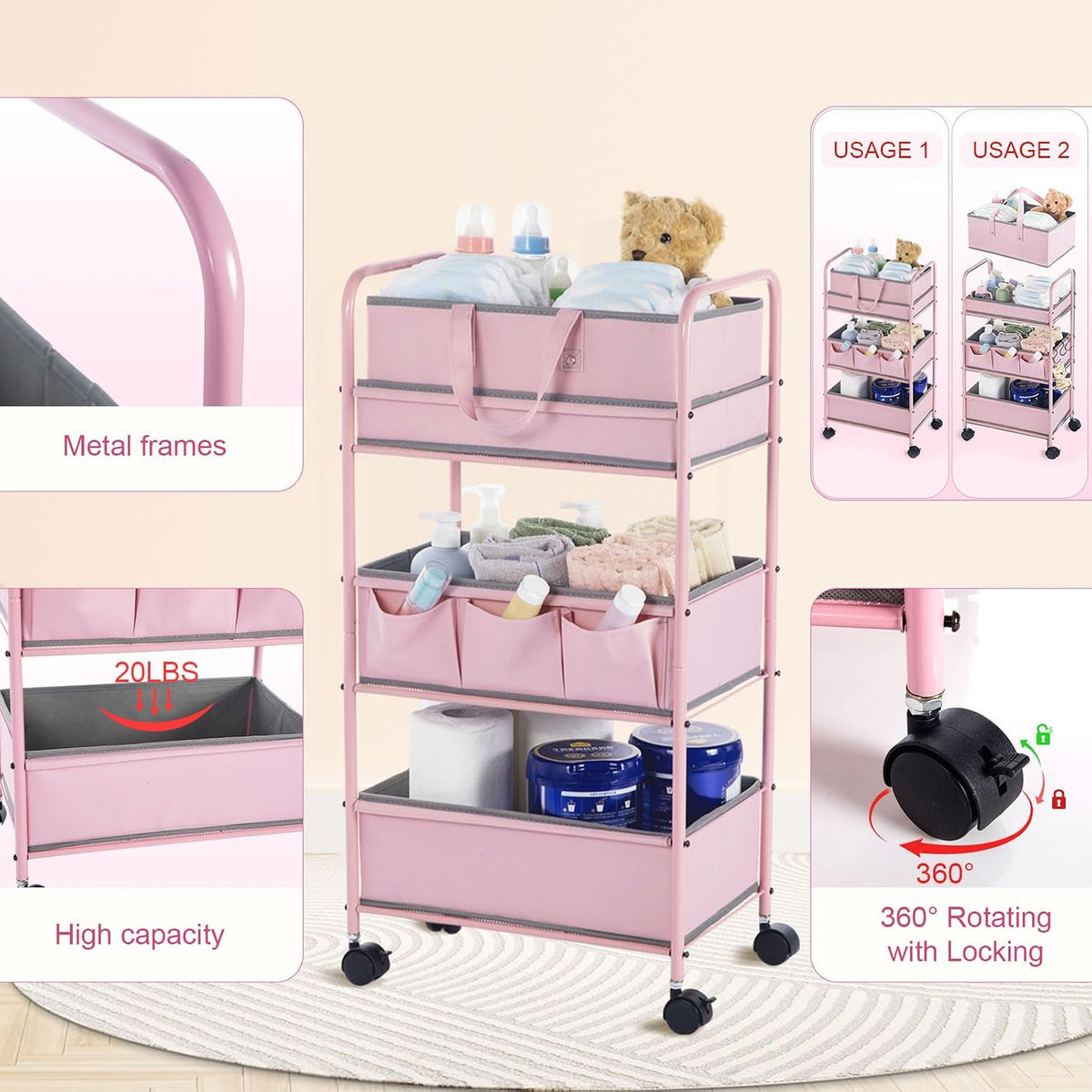 2in1 Baby Diaper Caddy Organizer Cart Bedside Rolling Cart, Green