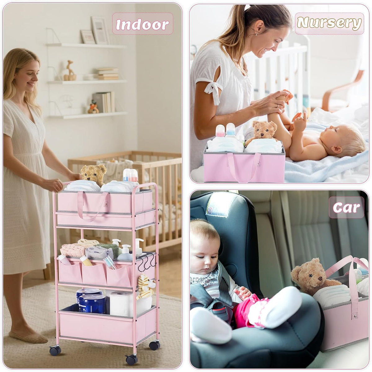 2in1 Baby Diaper Caddy Organizer Cart Bedside Rolling Cart, Green