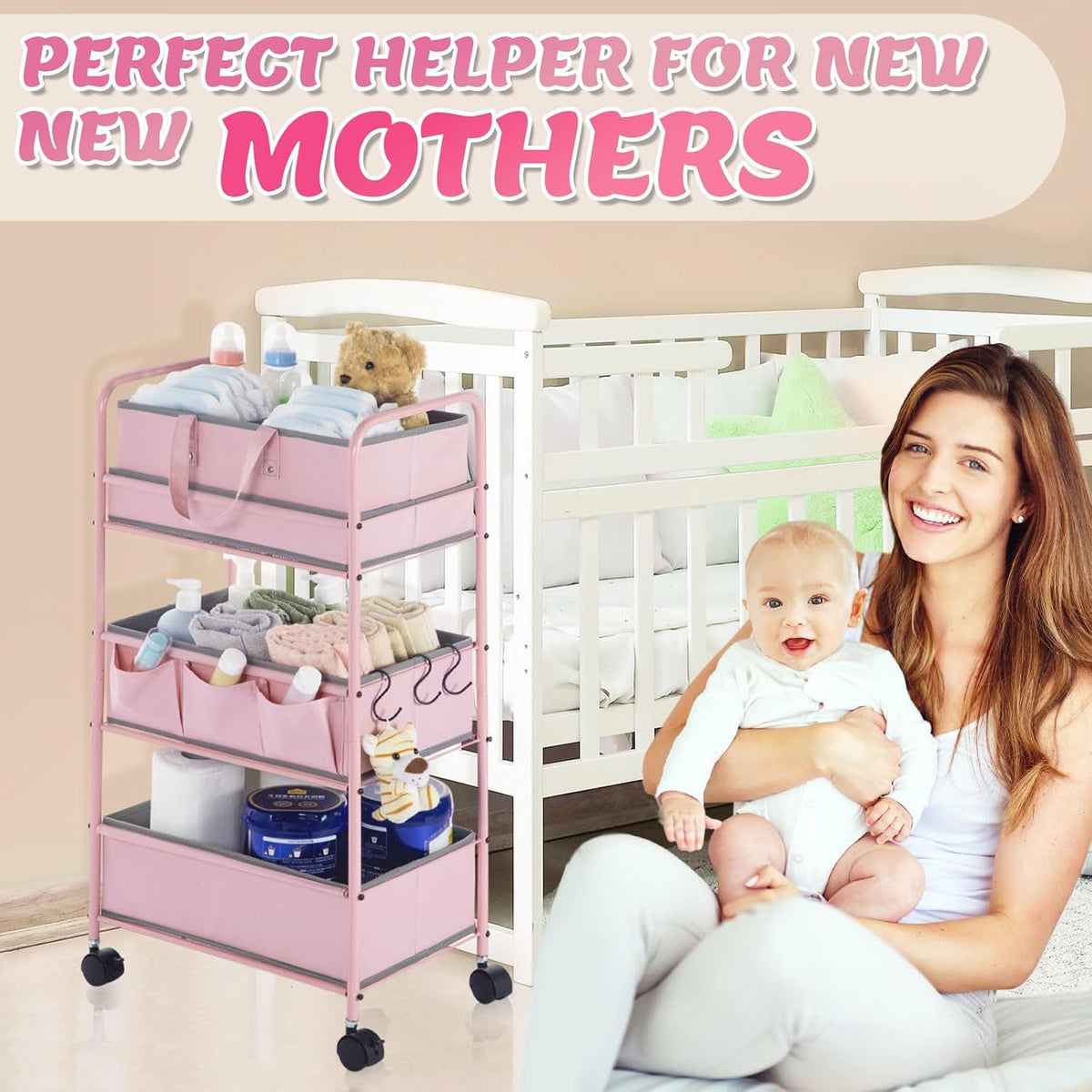 2in1 Baby Diaper Caddy Organizer Cart Bedside Rolling Cart, Green