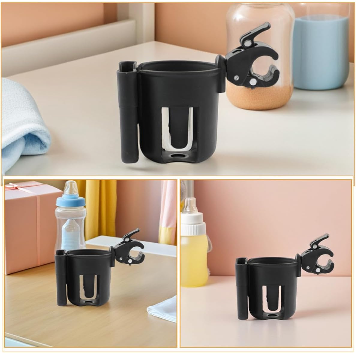 2pcs Stroller Cup Holder and Phone Holder for Prams, Universal Stroller Bottle Rack with Handlebar Mount, Black, Suitable for Travel and Outdoor Use