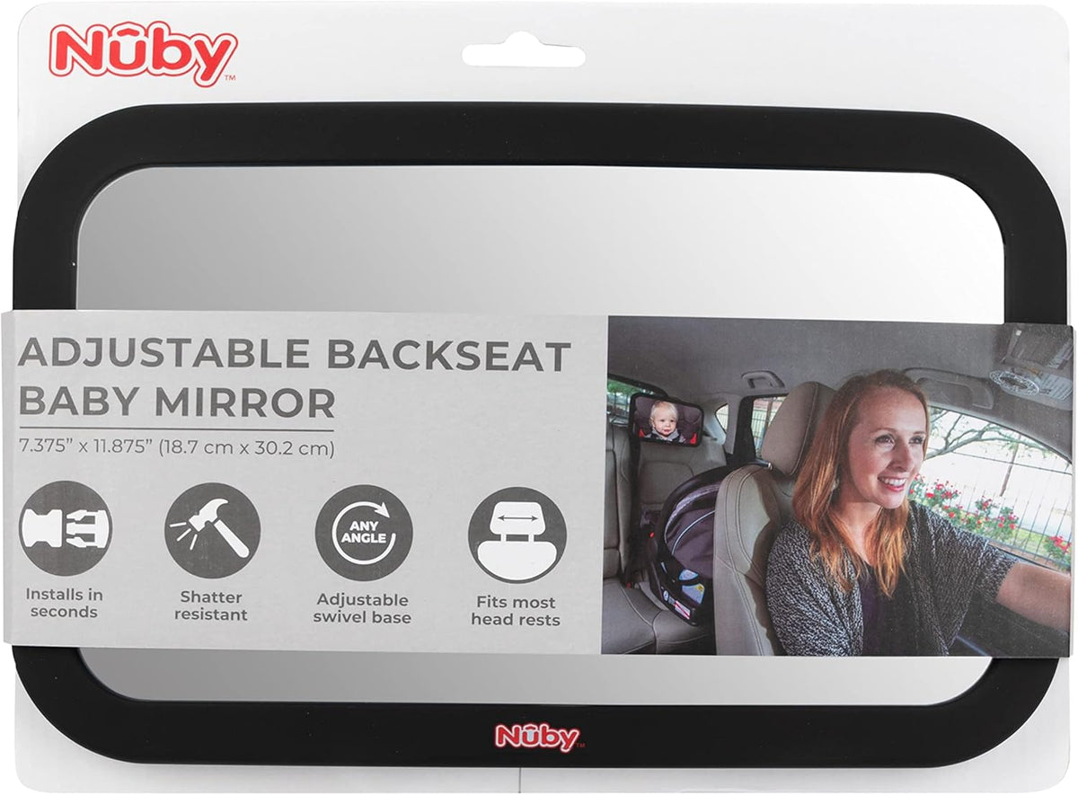 Nuby Adjustable Backseat Baby Mirror with Swivel Base for Easy Viewing, Quick Install, Shatter Resistant, Black