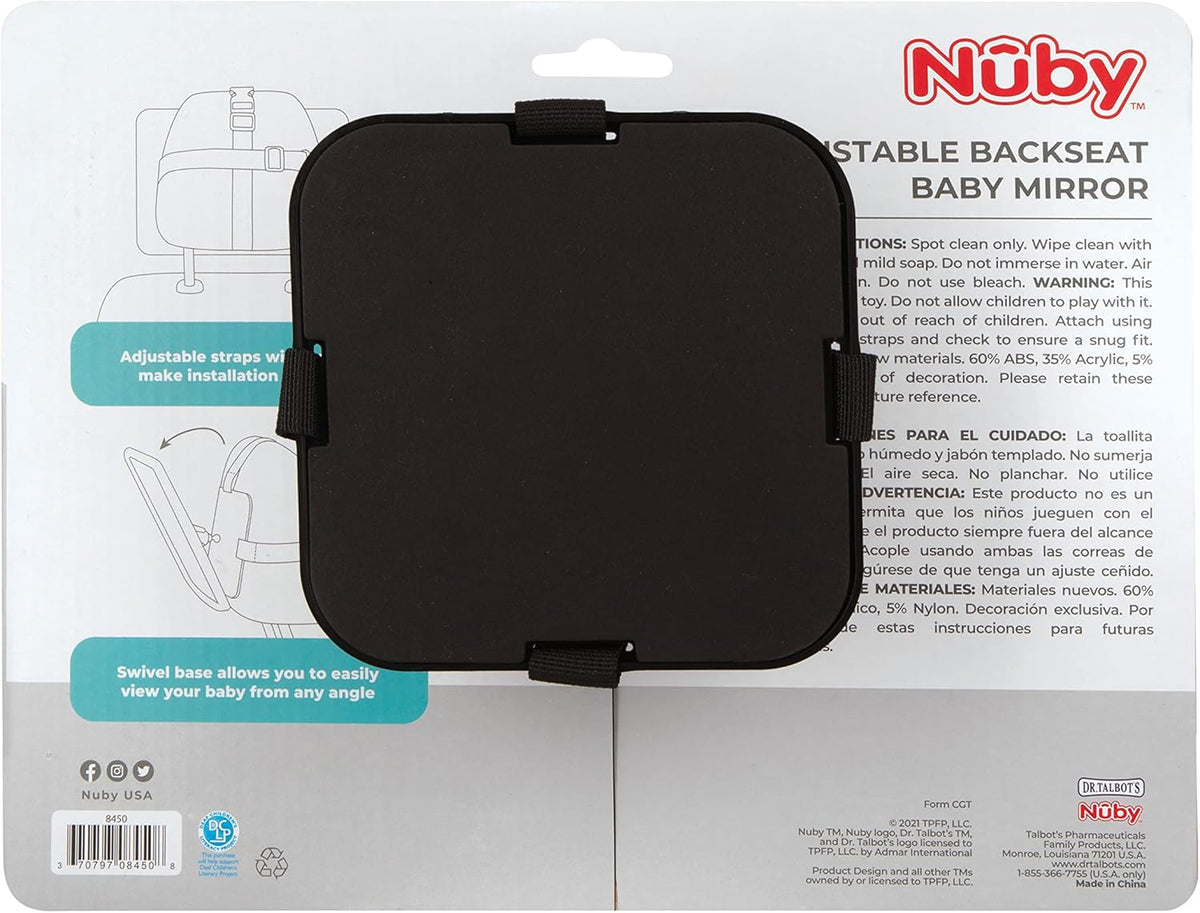 Nuby Adjustable Backseat Baby Mirror with Swivel Base for Easy Viewing, Quick Install, Shatter Resistant, Black