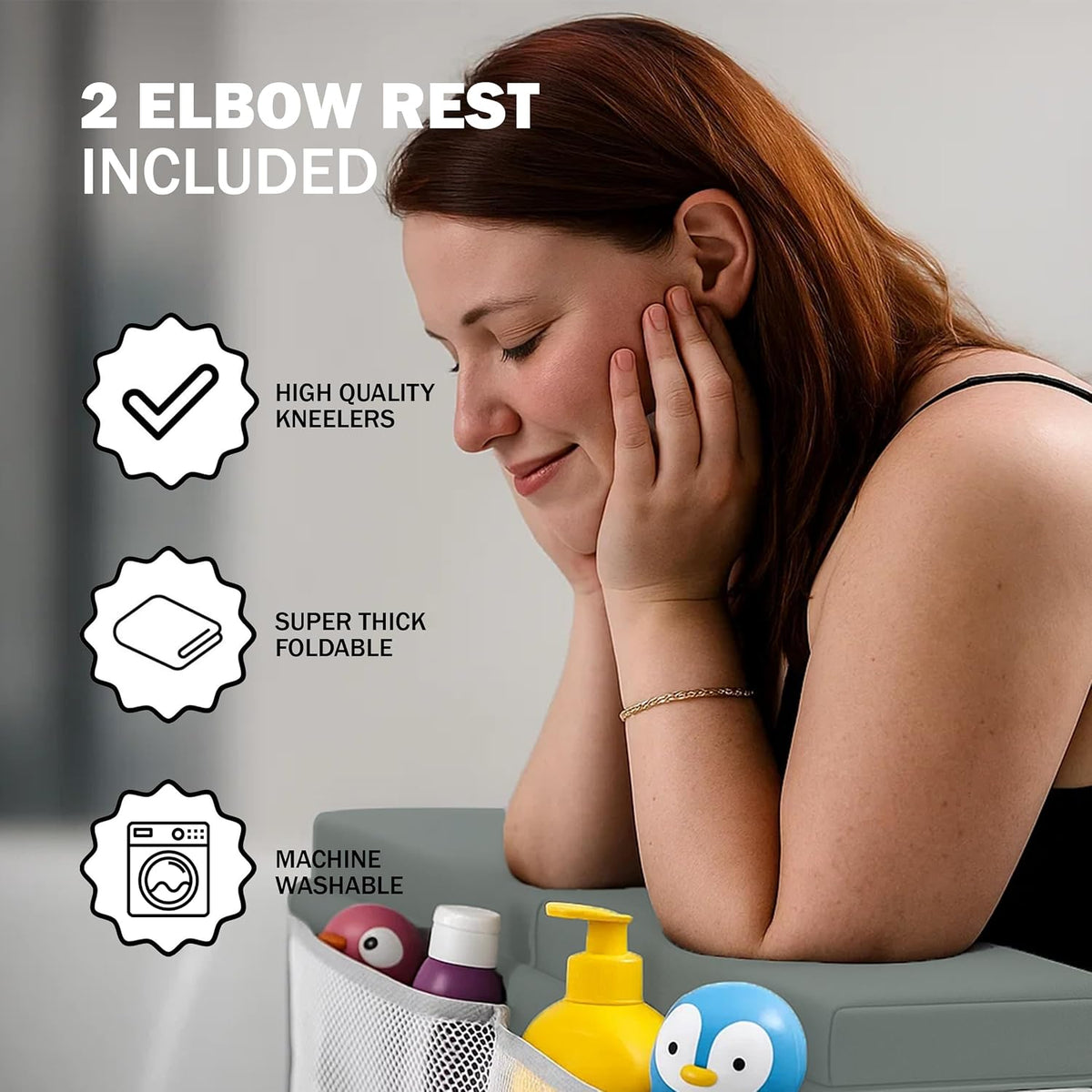 Baby Bath Kneeler & Elbow Rest Pad Set – Extra Thick 1.5” Cushion, Non-Slip Mat with Quick-Dry Cover & Storage Pockets
