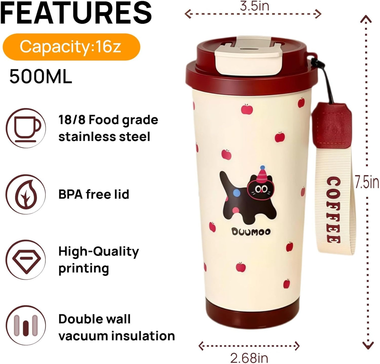 16 oz Coffee Travel Mug, Cute Coffee Tumbler with Lid | Stainless Steel Insulated Water Bottle, Double Wall Vacuum, Leakproof, Portable, Hot & Cold Drinks