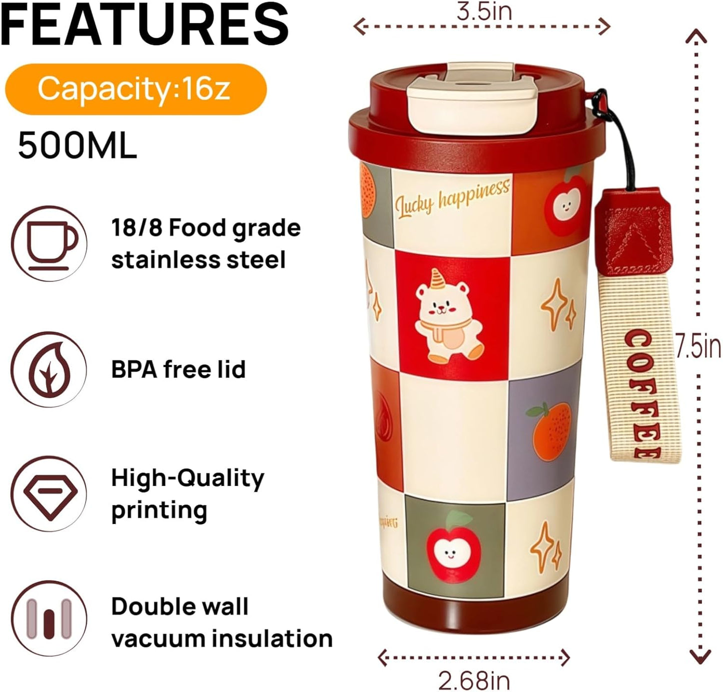 16 oz Coffee Travel Mug, Cute Coffee Tumbler with Lid | Stainless Steel Insulated Water Bottle, Double Wall Vacuum, Leakproof, Portable, Hot & Cold Drinks