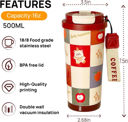 16 oz Coffee Travel Mug, Cute Coffee Tumbler with Lid | Stainless Steel Insulated Water Bottle, Double Wall Vacuum, Leakproof, Portable, Hot & Cold Drinks