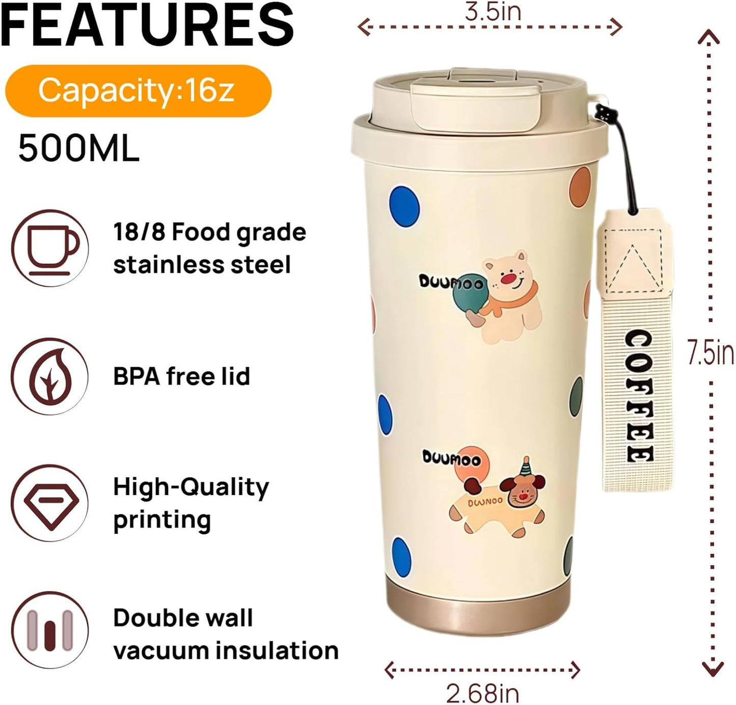 16 oz Coffee Travel Mug, Cute Coffee Tumbler with Lid | Stainless Steel Insulated Water Bottle, Double Wall Vacuum, Leakproof, Portable, Hot & Cold Drinks