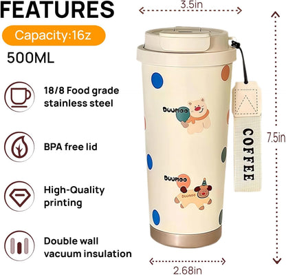 16 oz Coffee Travel Mug, Cute Coffee Tumbler with Lid | Stainless Steel Insulated Water Bottle, Double Wall Vacuum, Leakproof, Portable, Hot & Cold Drinks