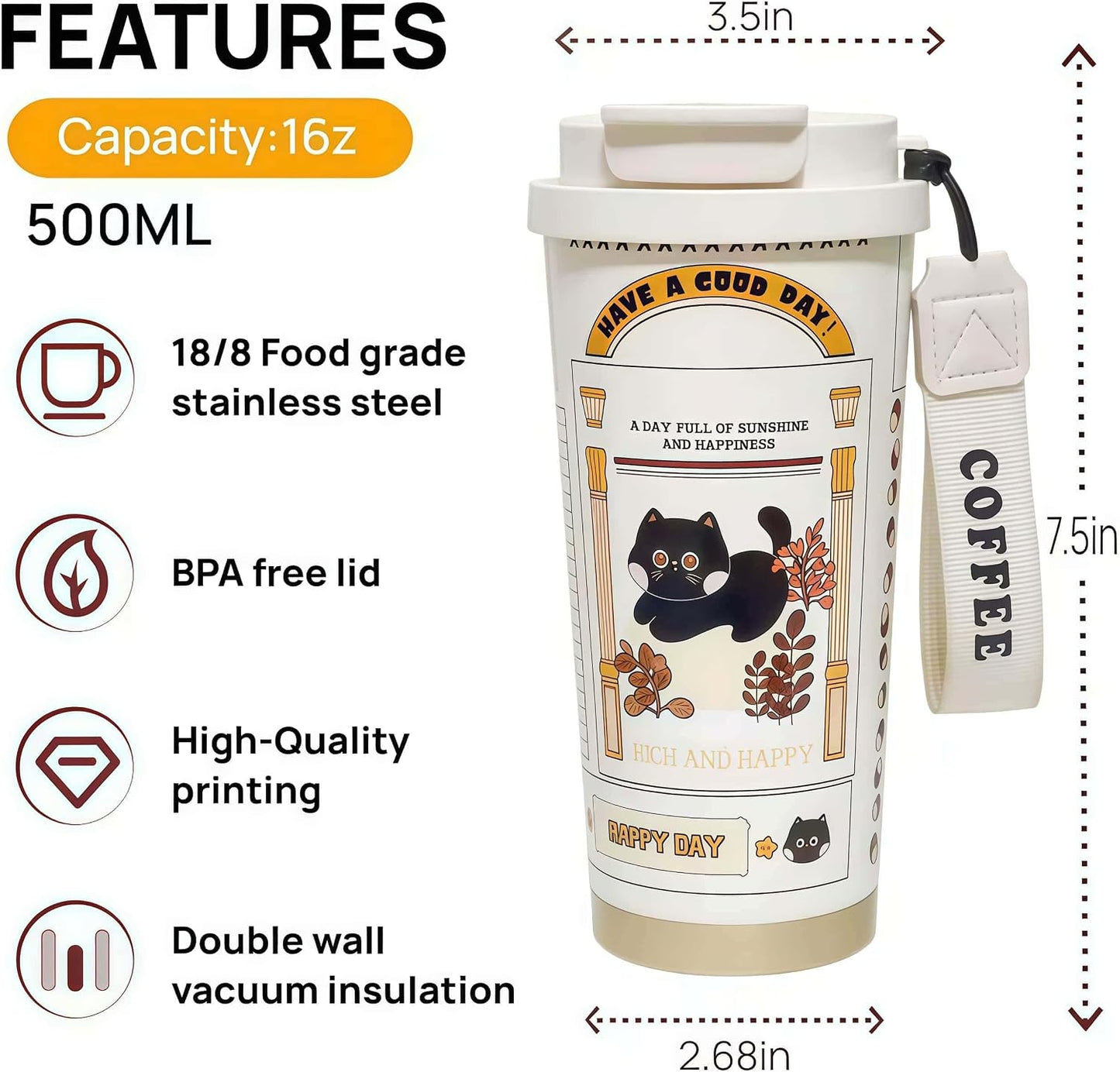 16 oz Coffee Travel Mug, Cute Coffee Tumbler with Lid | Stainless Steel Insulated Water Bottle, Double Wall Vacuum, Leakproof, Portable, Hot & Cold Drinks
