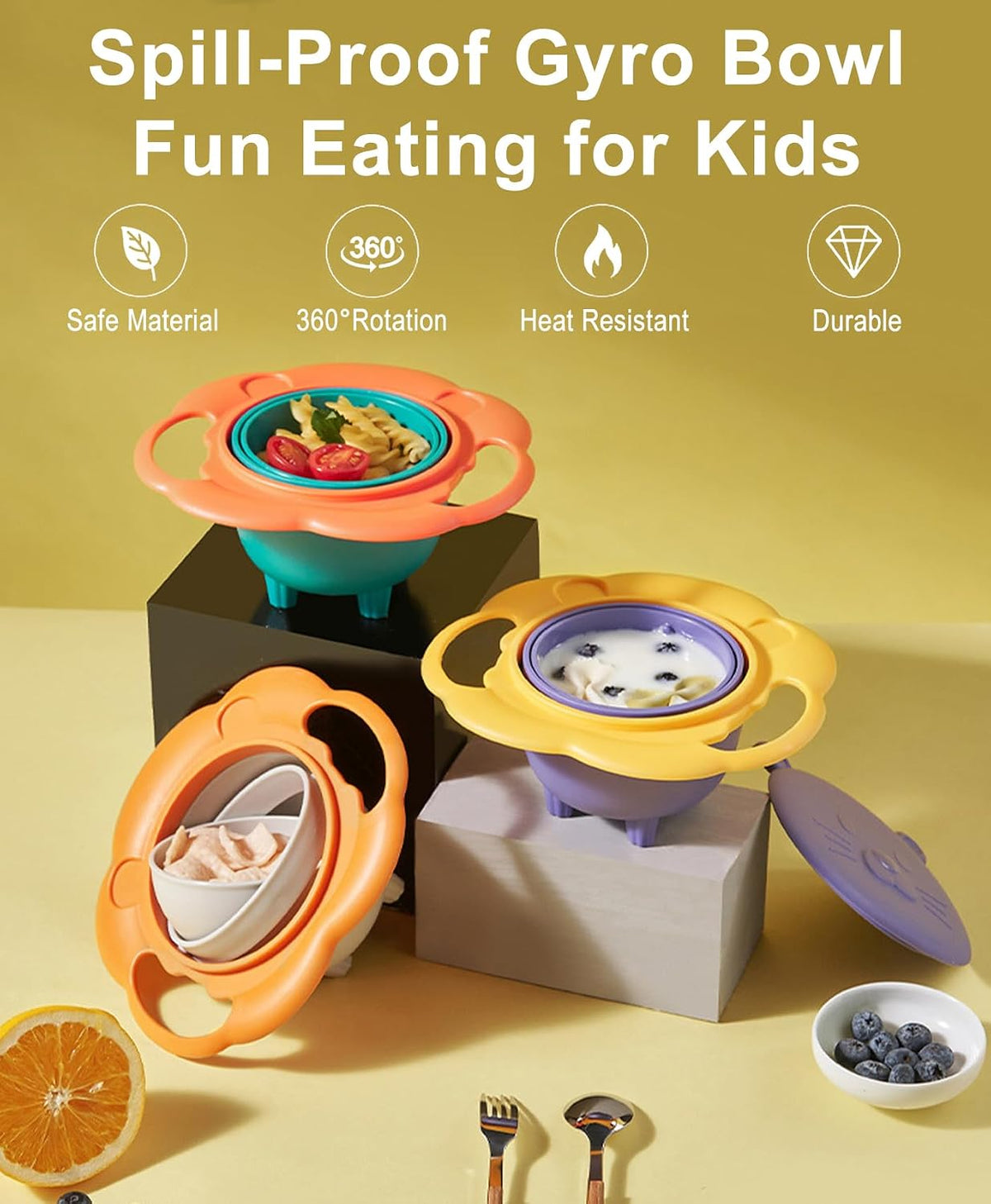 Gyro Bowl 360 Dgree Rotation Spill Resistant Gyroscopic Bowl with Lid