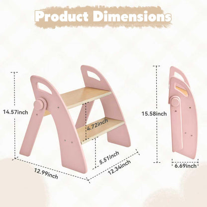 Wooden 2 Step Stool for Kids Bathroom Sink Foldable Anti-Slip 2-Step for Toilet Potty Training, Child Stepping Stool for Kitchen Nursery Bedroom, Sturdy Non Slip Adult Stool for Closet Pink
