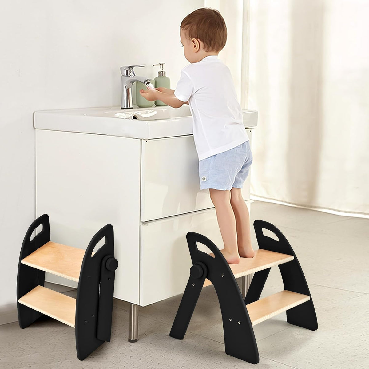 Wooden 2 Step Stool for Kids Bathroom Sink Foldable Anti-Slip 2-Step for Toilet Potty Training, Child Stepping Stool for Kitchen Nursery Bedroom, Sturdy Non Slip Adult Stool for Closet Pink