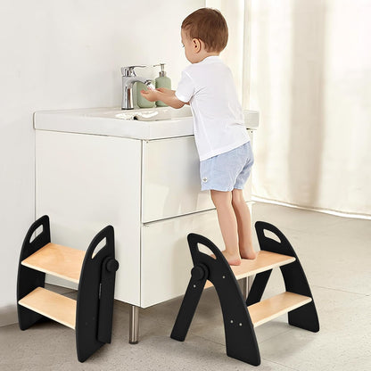 Wooden 2 Step Stool for Kids Bathroom Sink Foldable Anti-Slip 2-Step for Toilet Potty Training, Child Stepping Stool for Kitchen Nursery Bedroom, Sturdy Non Slip Adult Stool for Closet Pink