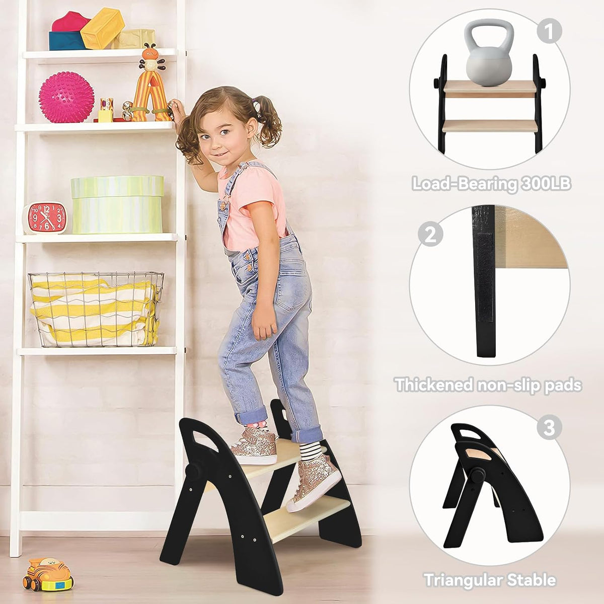 Wooden 2 Step Stool for Kids Bathroom Sink Foldable Anti-Slip 2-Step for Toilet Potty Training, Child Stepping Stool for Kitchen Nursery Bedroom, Sturdy Non Slip Adult Stool for Closet Pink