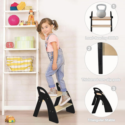 Wooden 2 Step Stool for Kids Bathroom Sink Foldable Anti-Slip 2-Step for Toilet Potty Training, Child Stepping Stool for Kitchen Nursery Bedroom, Sturdy Non Slip Adult Stool for Closet Pink