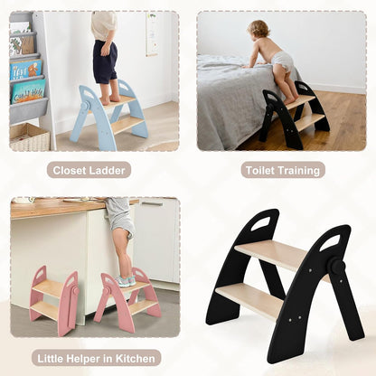 Wooden 2 Step Stool for Kids Bathroom Sink Foldable Anti-Slip 2-Step for Toilet Potty Training, Child Stepping Stool for Kitchen Nursery Bedroom, Sturdy Non Slip Adult Stool for Closet Pink