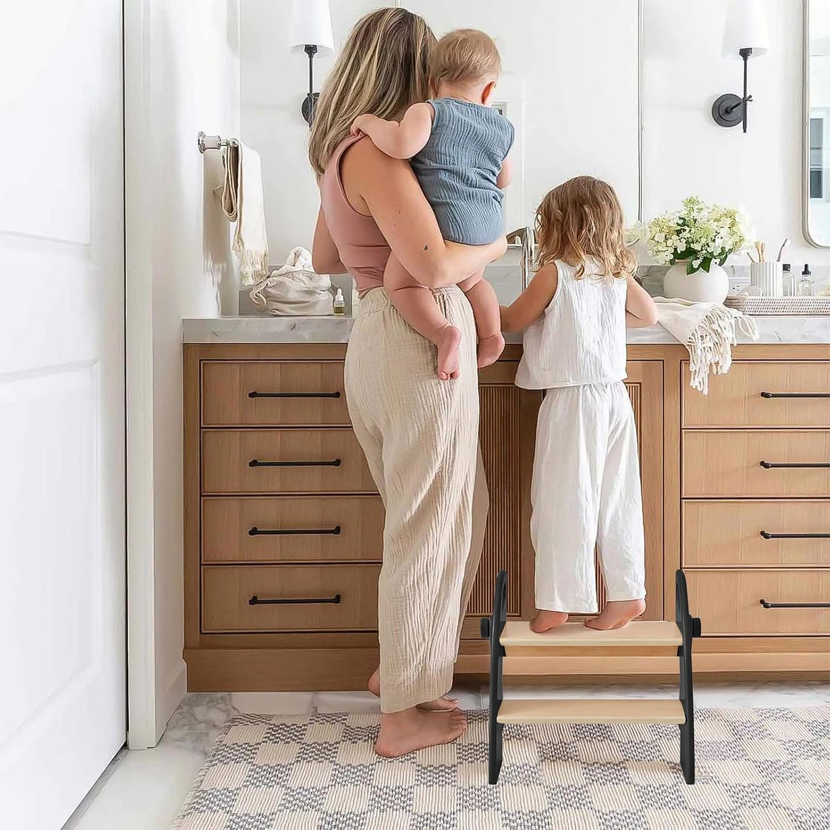Wooden 2 Step Stool for Kids Bathroom Sink Foldable Anti-Slip 2-Step for Toilet Potty Training, Child Stepping Stool for Kitchen Nursery Bedroom, Sturdy Non Slip Adult Stool for Closet Pink