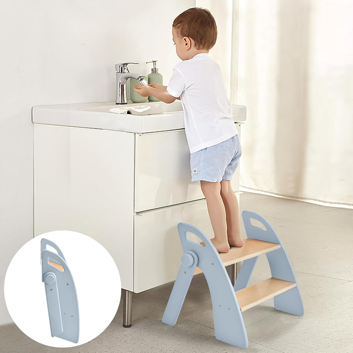 Wooden 2 Step Stool for Kids Bathroom Sink Foldable Anti-Slip 2-Step for Toilet Potty Training, Child Stepping Stool for Kitchen Nursery Bedroom, Sturdy Non Slip Adult Stool for Closet Pink