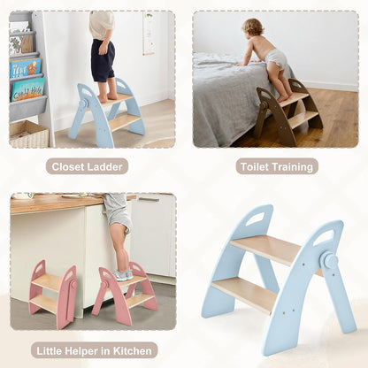 Wooden 2 Step Stool for Kids Bathroom Sink Foldable Anti-Slip 2-Step for Toilet Potty Training, Child Stepping Stool for Kitchen Nursery Bedroom, Sturdy Non Slip Adult Stool for Closet Pink
