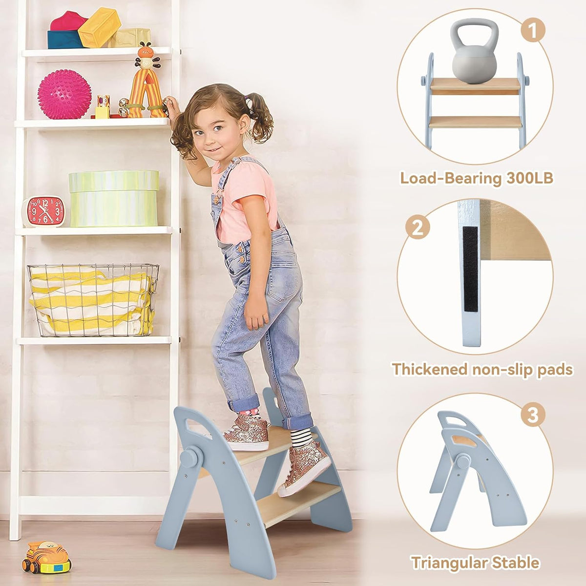Wooden 2 Step Stool for Kids Bathroom Sink Foldable Anti-Slip 2-Step for Toilet Potty Training, Child Stepping Stool for Kitchen Nursery Bedroom, Sturdy Non Slip Adult Stool for Closet Pink