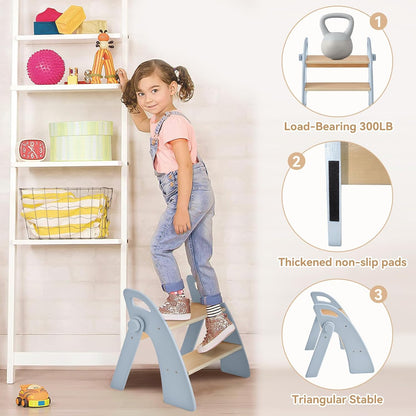 Wooden 2 Step Stool for Kids Bathroom Sink Foldable Anti-Slip 2-Step for Toilet Potty Training, Child Stepping Stool for Kitchen Nursery Bedroom, Sturdy Non Slip Adult Stool for Closet Pink