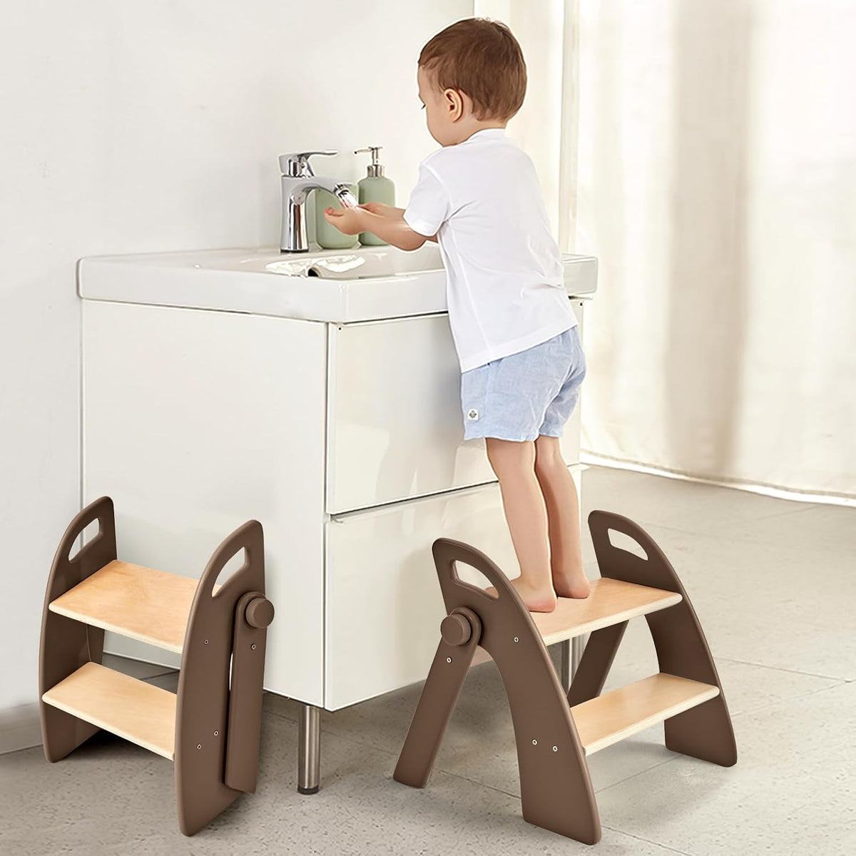 Wooden 2 Step Stool for Kids Bathroom Sink Foldable Anti-Slip 2-Step for Toilet Potty Training, Child Stepping Stool for Kitchen Nursery Bedroom, Sturdy Non Slip Adult Stool for Closet Pink