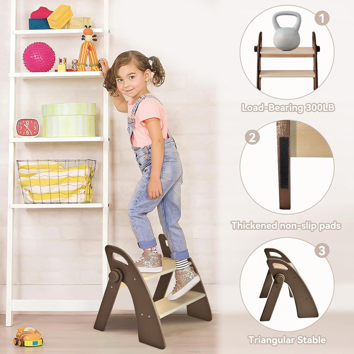 Wooden 2 Step Stool for Kids Bathroom Sink Foldable Anti-Slip 2-Step for Toilet Potty Training, Child Stepping Stool for Kitchen Nursery Bedroom, Sturdy Non Slip Adult Stool for Closet Pink