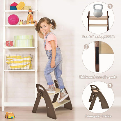 Wooden 2 Step Stool for Kids Bathroom Sink Foldable Anti-Slip 2-Step for Toilet Potty Training, Child Stepping Stool for Kitchen Nursery Bedroom, Sturdy Non Slip Adult Stool for Closet Pink