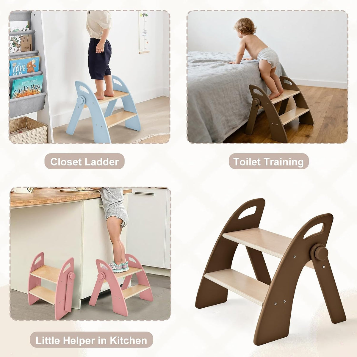 Wooden 2 Step Stool for Kids Bathroom Sink Foldable Anti-Slip 2-Step for Toilet Potty Training, Child Stepping Stool for Kitchen Nursery Bedroom, Sturdy Non Slip Adult Stool for Closet Pink