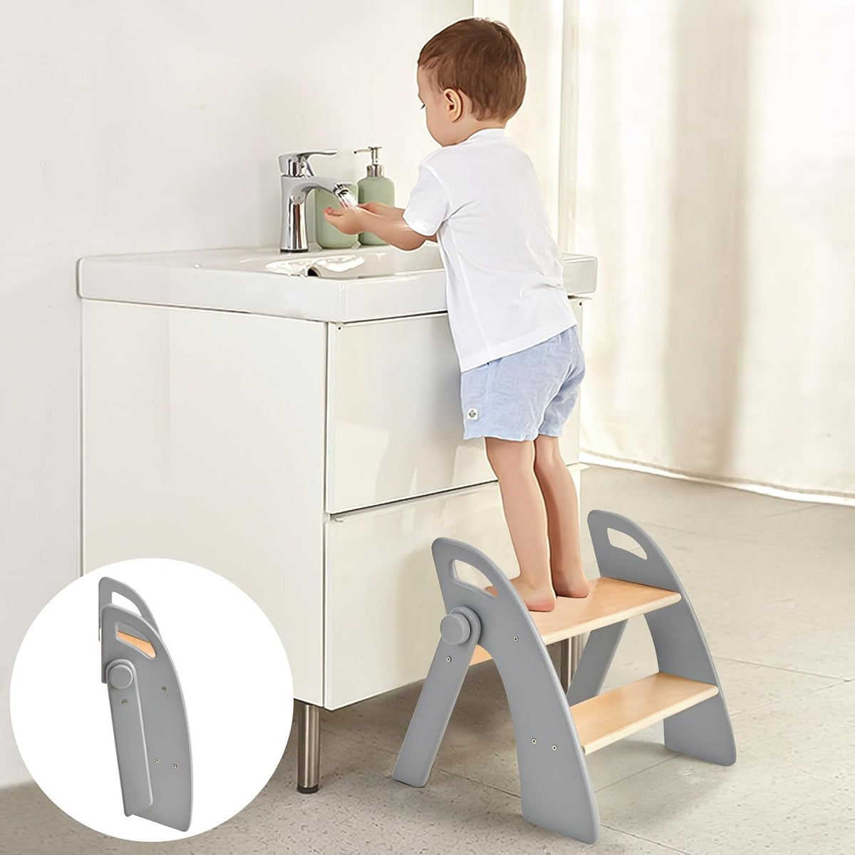 Wooden 2 Step Stool for Kids Bathroom Sink Foldable Anti-Slip 2-Step for Toilet Potty Training, Child Stepping Stool for Kitchen Nursery Bedroom, Sturdy Non Slip Adult Stool for Closet Pink