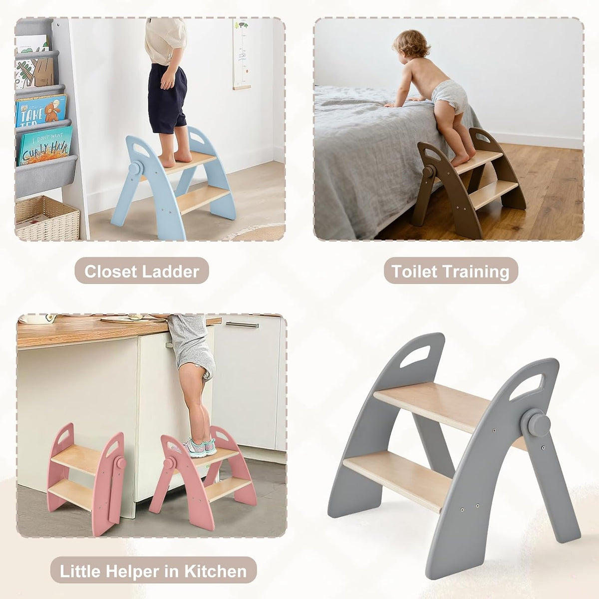 Wooden 2 Step Stool for Kids Bathroom Sink Foldable Anti-Slip 2-Step for Toilet Potty Training, Child Stepping Stool for Kitchen Nursery Bedroom, Sturdy Non Slip Adult Stool for Closet Pink