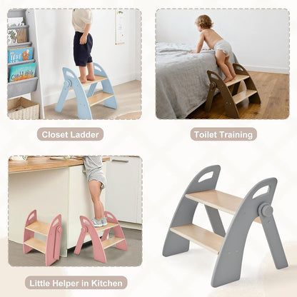 Wooden 2 Step Stool for Kids Bathroom Sink Foldable Anti-Slip 2-Step for Toilet Potty Training, Child Stepping Stool for Kitchen Nursery Bedroom, Sturdy Non Slip Adult Stool for Closet Pink