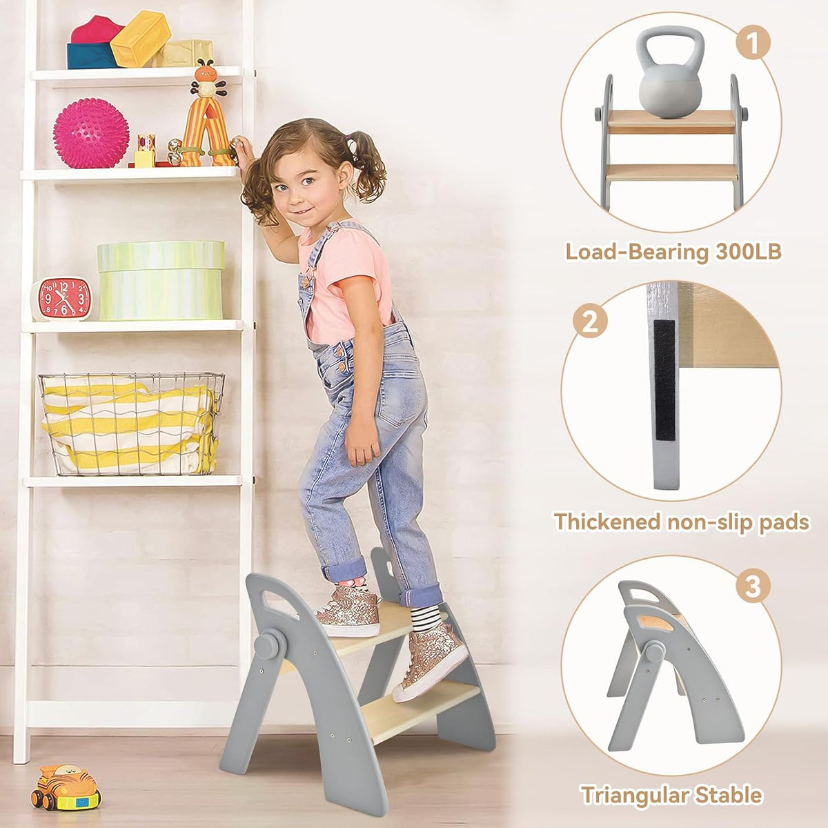 Wooden 2 Step Stool for Kids Bathroom Sink Foldable Anti-Slip 2-Step for Toilet Potty Training, Child Stepping Stool for Kitchen Nursery Bedroom, Sturdy Non Slip Adult Stool for Closet Pink