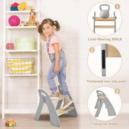 Wooden 2 Step Stool for Kids Bathroom Sink Foldable Anti-Slip 2-Step for Toilet Potty Training, Child Stepping Stool for Kitchen Nursery Bedroom, Sturdy Non Slip Adult Stool for Closet Pink