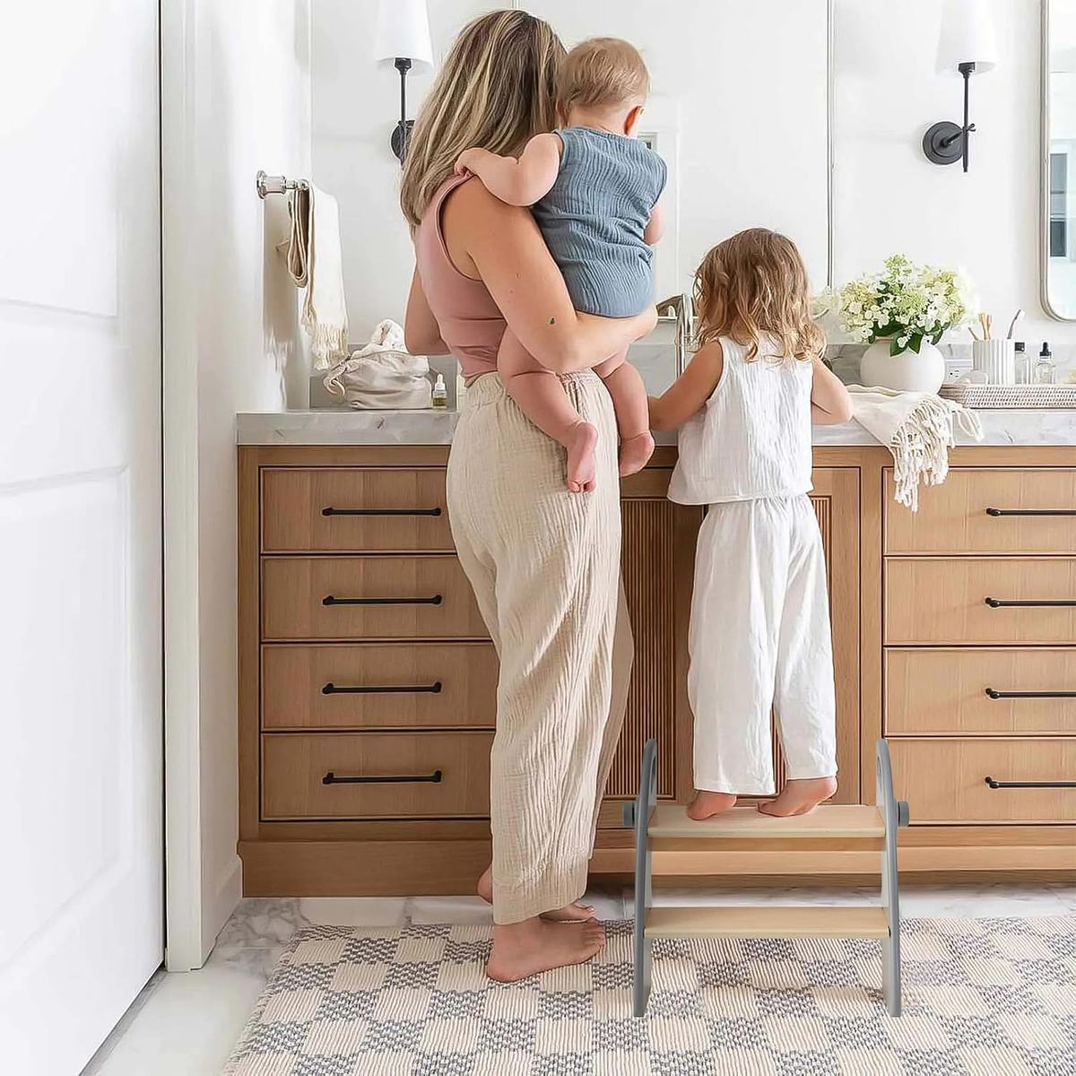 Wooden 2 Step Stool for Kids Bathroom Sink Foldable Anti-Slip 2-Step for Toilet Potty Training, Child Stepping Stool for Kitchen Nursery Bedroom, Sturdy Non Slip Adult Stool for Closet Pink