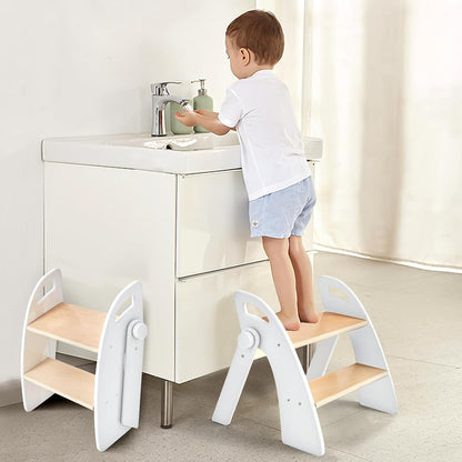 Wooden 2 Step Stool for Kids Bathroom Sink Foldable Anti-Slip 2-Step for Toilet Potty Training, Child Stepping Stool for Kitchen Nursery Bedroom, Sturdy Non Slip Adult Stool for Closet Pink